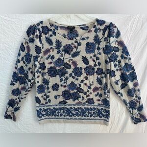 Talbots Merino Wool Floral Sweater MP (Fits SP) Blue Pink Border Print